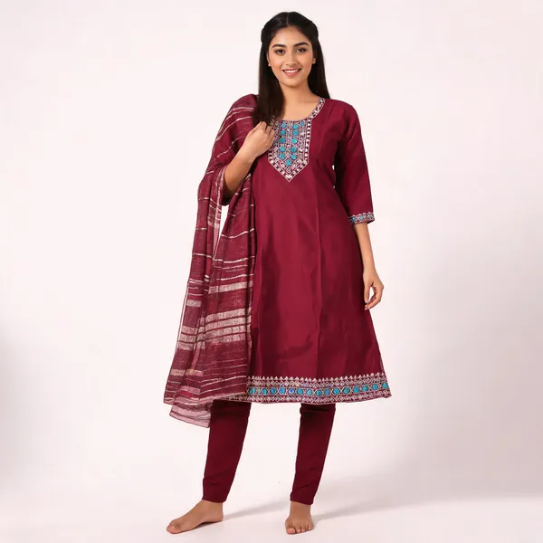 Maroon_Roman_Silk_Embroidered_Kurta_Set_For_Women