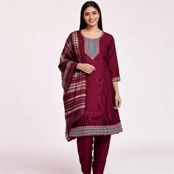 Maroon_Roman_Silk_Embroidered_Kurta_Set_For_Women