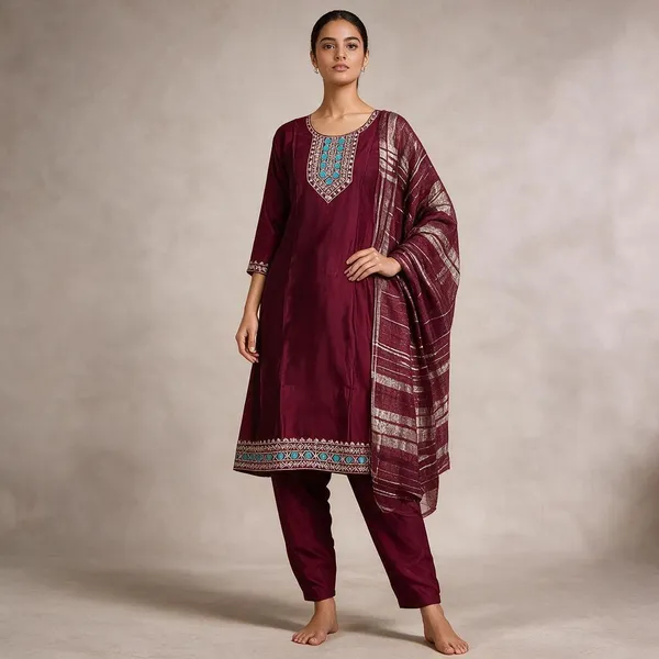 Maroon_Roman_Silk_Embroidered_Kurta_Set_For_Women