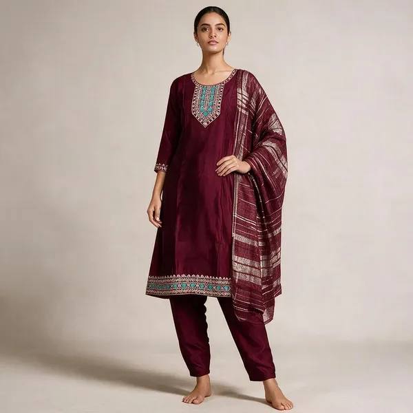 Maroon_Roman_Silk_Embroidered_Kurta_Set_For_Women