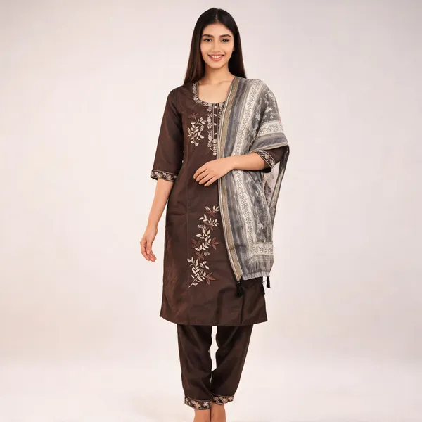 Brown_Roman_Silk_Embroidered_Kurta_Set_For_Women