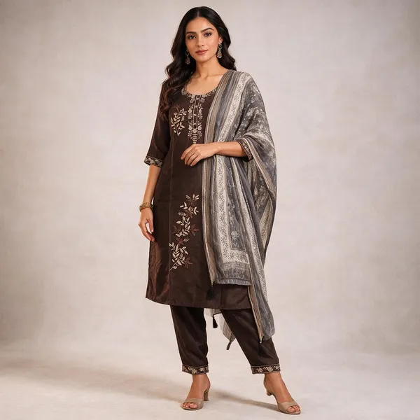 Brown_Roman_Silk_Embroidered_Kurta_Set_For_Women