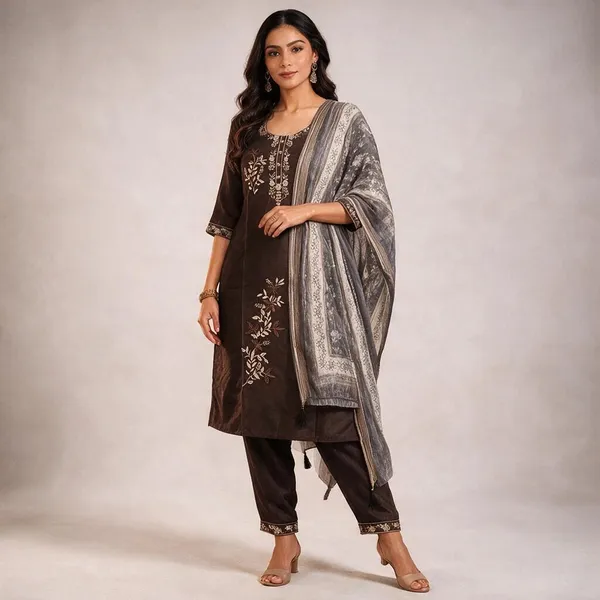 Brown_Roman_Silk_Embroidered_Kurta_Set_For_Women