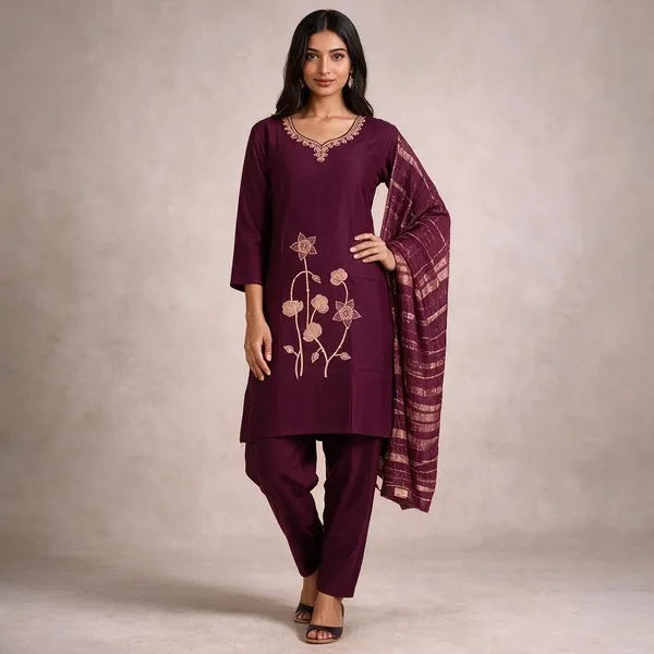 Wine_Roman_Silk_Embroidered_Kurta_Set_For_Women