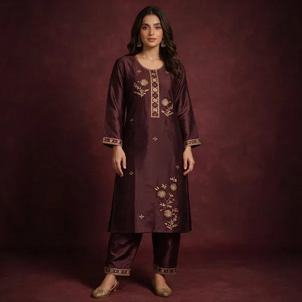 Maroon_Roman_Silk_Embroidered_Kurta_Set_For_Women