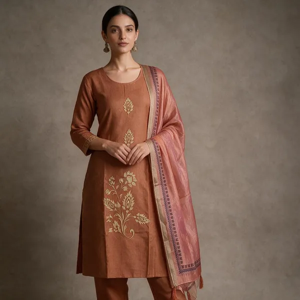 Rust_Brown_Roman_Silk_Embroidered_Kurta_Set_For_Women