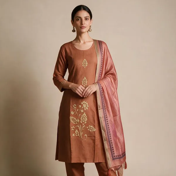 Rust_Brown_Roman_Silk_Embroidered_Kurta_Set_For_Women