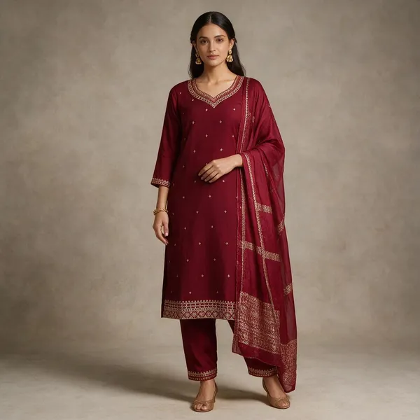 Maroon_Roman_Silk_Embroidered_Kurta_Set_For_Women