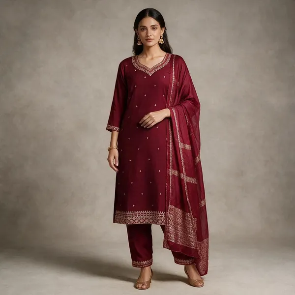 Maroon_Roman_Silk_Embroidered_Kurta_Set_For_Women