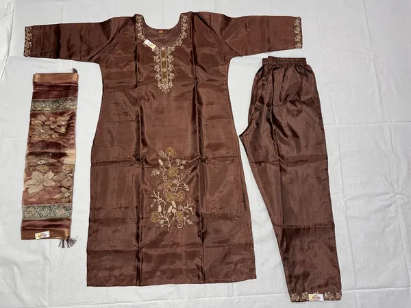 Brown_Roman_Silk_Embroidered_Kurta_Set_For_Women