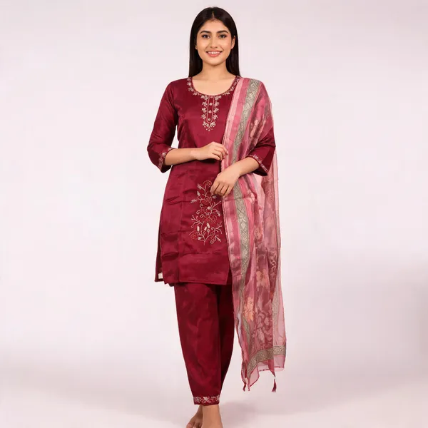 Maroon_Roman_Silk_Embroidered_Kurta_Set_For_Women