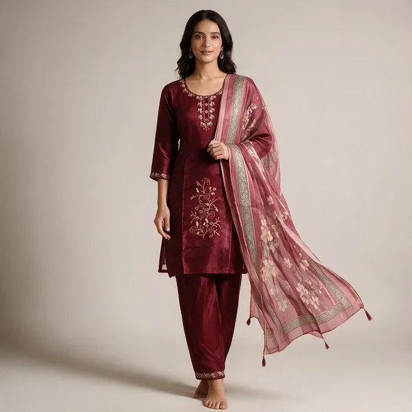 Maroon_Roman_Silk_Embroidered_Kurta_Set_For_Women