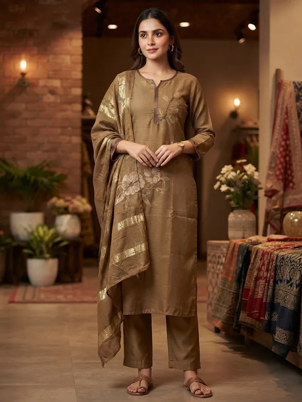 Brown_Roman_Silk_Embroidered_Kurta_Set_For_Women