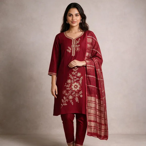 Red_Roman_Silk_Embroidered_Kurta_Set_For_Women