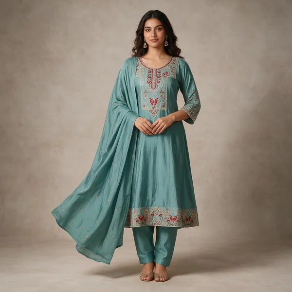 Teal_Roman_Silk_Embroidered_Kurta_Set_For_Women