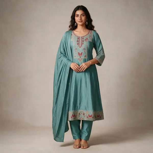 Teal_Roman_Silk_Embroidered_Kurta_Set_For_Women