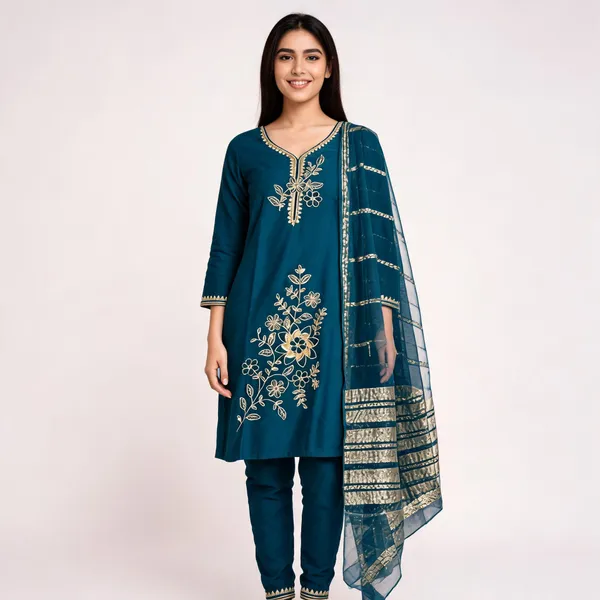 Teal_Roman_Silk_Embroidered_Kurta_Set_For_Women