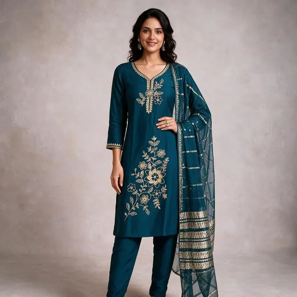 Teal_Roman_Silk_Embroidered_Kurta_Set_For_Women