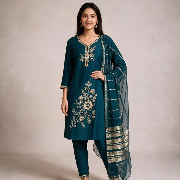 Teal_Roman_Silk_Embroidered_Kurta_Set_For_Women