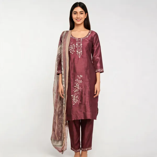Wine_Roman_Silk_Embroidered_Kurta_Set_For_Women