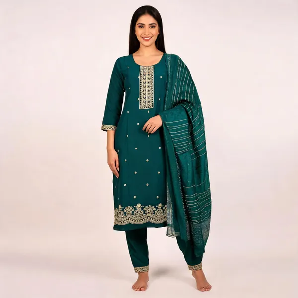 Teal_Roman_Silk_Embroidered_Kurta_Set_For_Women