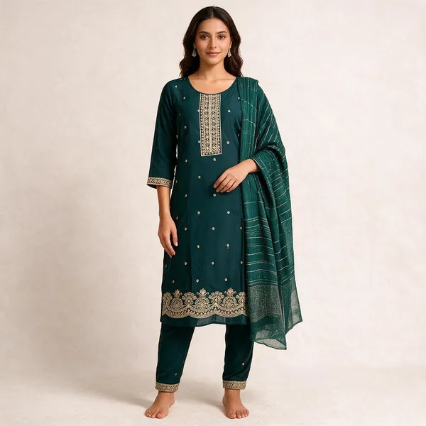 Teal_Roman_Silk_Embroidered_Kurta_Set_For_Women