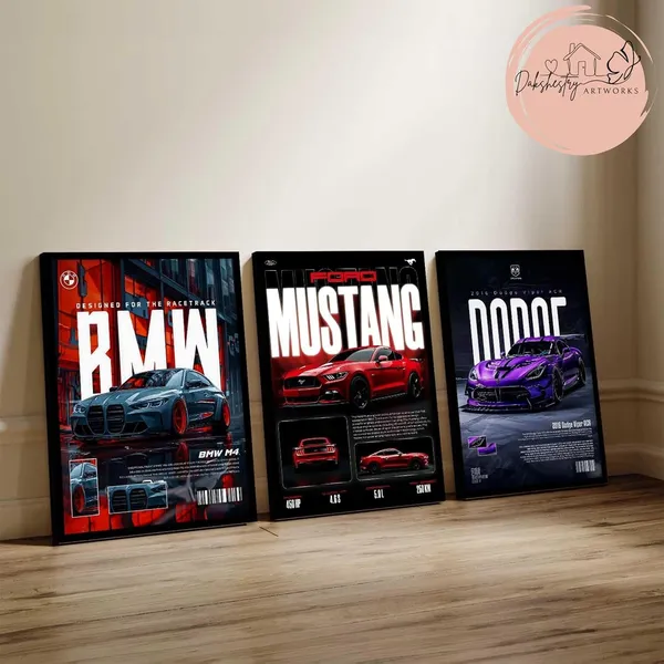 Engineered_Wood_Modern_Muscle_Car_Glossy_Wall_Poster_Set