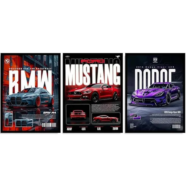 Engineered_Wood_Modern_Muscle_Car_Glossy_Wall_Poster_Set