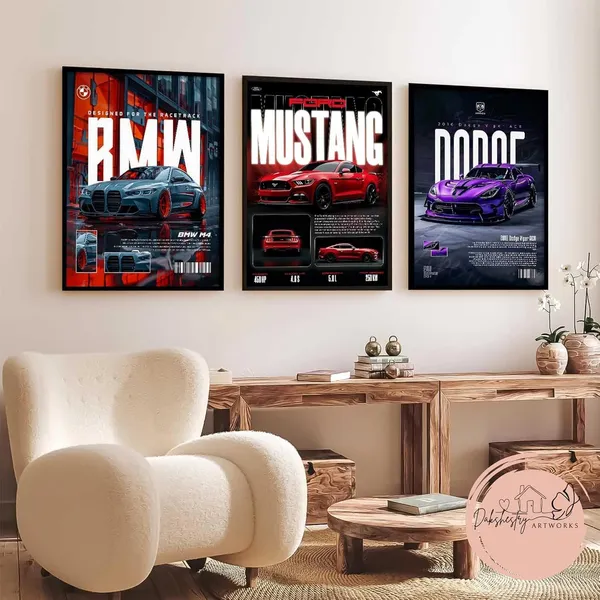Engineered_Wood_Modern_Muscle_Car_Glossy_Wall_Poster_Set