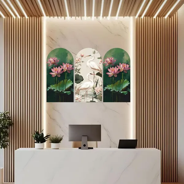 Mdf_Oriental_Lotus_And_Crane_Triptych_Arched_Wall_Art_Set_Of_3