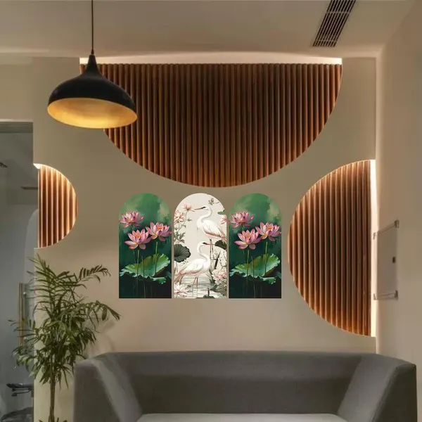 Mdf_Oriental_Lotus_And_Crane_Triptych_Arched_Wall_Art_Set_Of_3