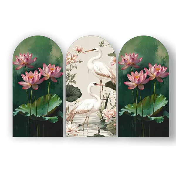 Mdf_Oriental_Lotus_And_Crane_Triptych_Arched_Wall_Art_Set_Of_3