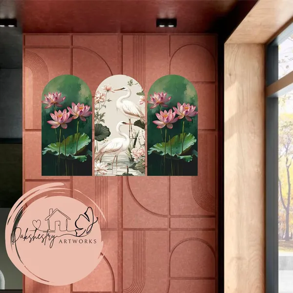 Mdf_Oriental_Lotus_And_Crane_Triptych_Arched_Wall_Art_Set_Of_3