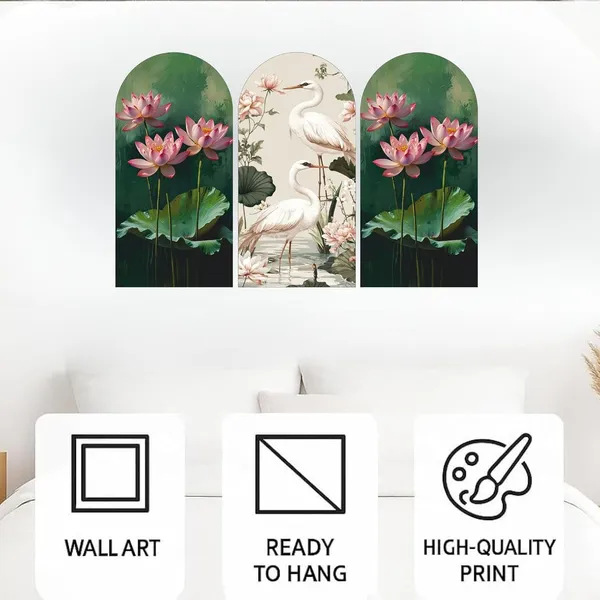 Mdf_Oriental_Lotus_And_Crane_Triptych_Arched_Wall_Art_Set_Of_3