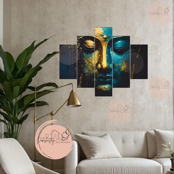 Engineered_Wood_Modern_Teal_Gold_Buddha_5_Panel_Canvas_Wall_Art