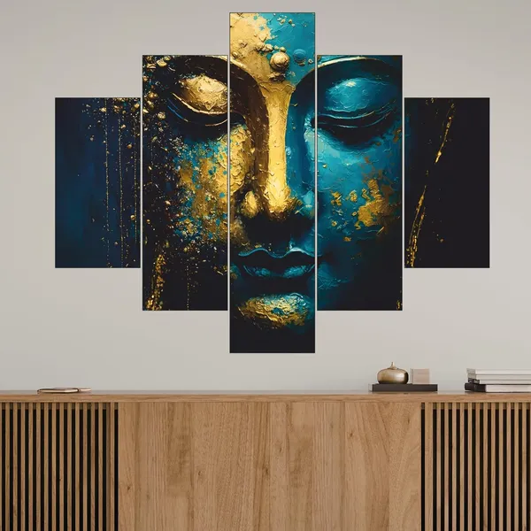 Engineered_Wood_Modern_Teal_Gold_Buddha_5_Panel_Canvas_Wall_Art