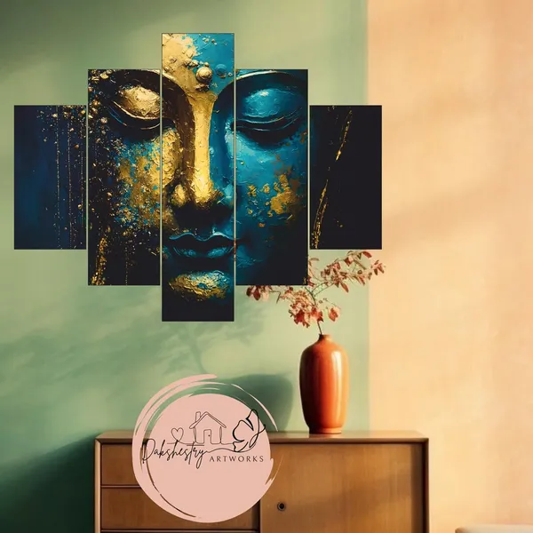 Engineered_Wood_Modern_Teal_Gold_Buddha_5_Panel_Canvas_Wall_Art