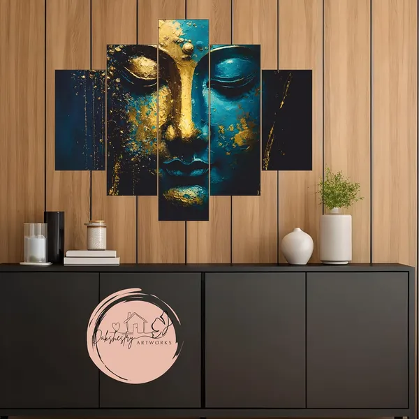 Engineered_Wood_Modern_Teal_Gold_Buddha_5_Panel_Canvas_Wall_Art