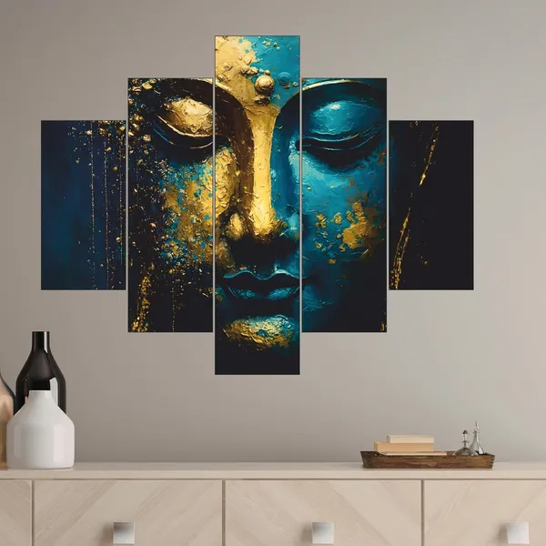 Engineered_Wood_Modern_Teal_Gold_Buddha_5_Panel_Canvas_Wall_Art