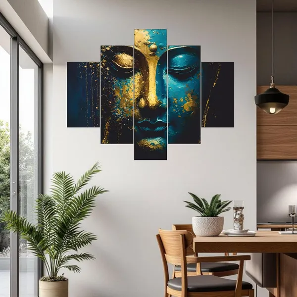 Engineered_Wood_Modern_Teal_Gold_Buddha_5_Panel_Canvas_Wall_Art