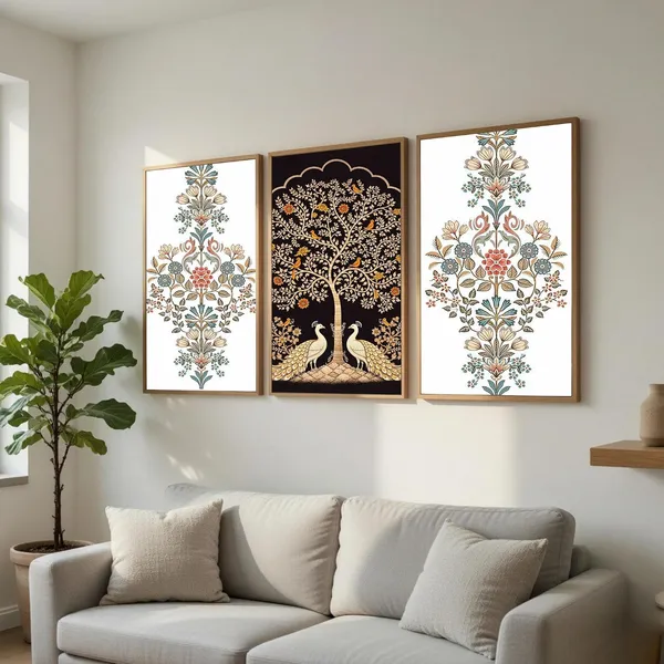 Mdf_Traditional_Peacock_Tree_Of_Life_Floral_Wall_Painting_Set