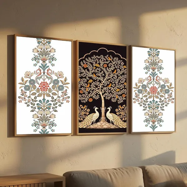 Mdf_Traditional_Peacock_Tree_Of_Life_Floral_Wall_Painting_Set