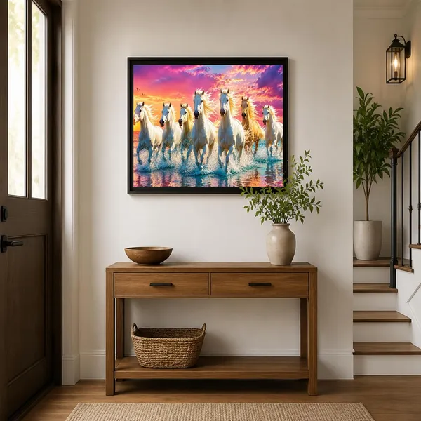 Engineered_Wood_Contemporary_Seven_Running_White_Horses_Wall_Painting