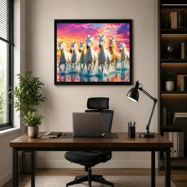 Engineered_Wood_Contemporary_Seven_Running_White_Horses_Wall_Painting