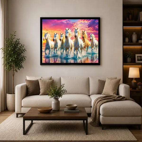 Engineered_Wood_Contemporary_Seven_Running_White_Horses_Wall_Painting