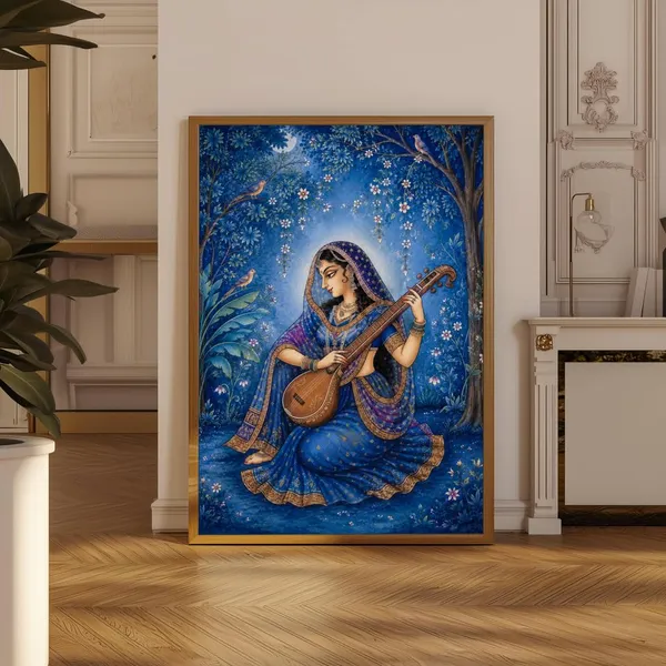 Engineered_Wood_Traditional_Meera_Bai_Veena_Framed_Wall_Painting