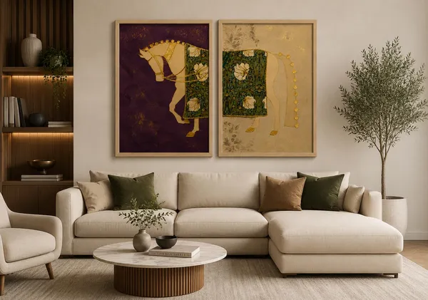 Engineered_Wood_Royal_Floral_Horse_Diptych_Canvas_Wall_Art