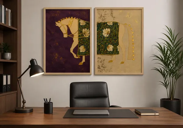 Engineered_Wood_Royal_Floral_Horse_Diptych_Canvas_Wall_Art