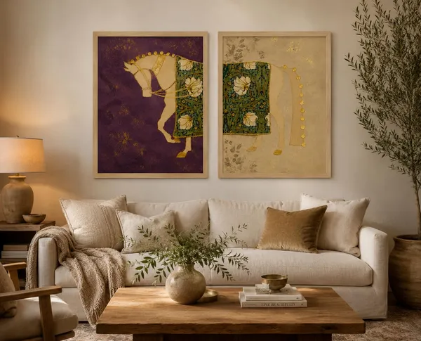 Engineered_Wood_Royal_Floral_Horse_Diptych_Canvas_Wall_Art