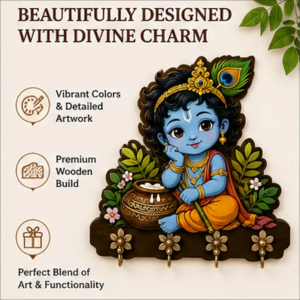 Mdf_Devotional_Baby_Krishna_Wall_Key_Holder_With_Hooks